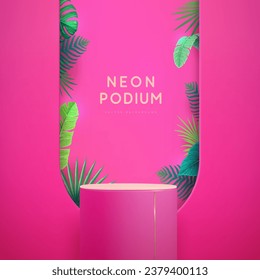 Fondo del escaparate rosa con 3d podio y hojas tropicales. Concepto de naturaleza veraniega. Ilustración del vector