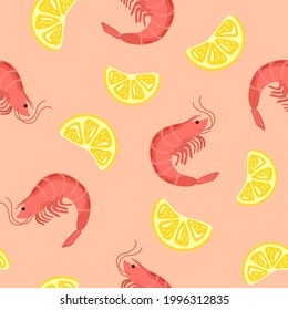 pink shrimp and lemon seamless pattern on pink background