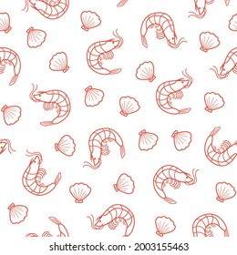 pink shrimp and seashells stroke line seamless pattern white background