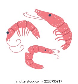 Pink shrimps flat vector illustration. Funny hand drawn characters. Adorable sea animals isolated on white background. Clipart for packaging design, printing