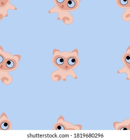 Pink Siamese kittens with a heart-shaped muzzle, blue eyes on a blue background. Vector seamless pattern for kids design, wrapping paper, wallpaper, textile, apparel, fabric, stationery, accessories.