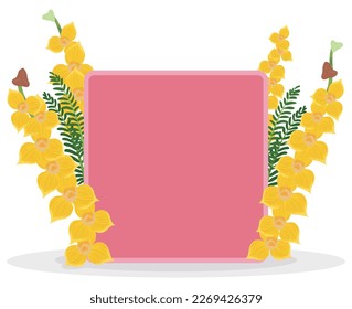Pink sign decorated with green branches and yellow orchids. Template design in flat style.