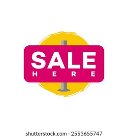 Pink sign with text in yellow circle - Sale banner template vector illustration	