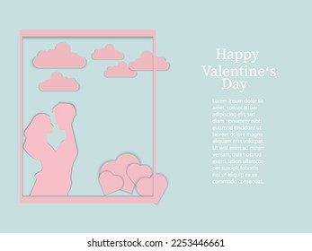 Pink  Silhouette Couple in love with cloud heart  on sky in frame on blue background ,pastel lover paper cut style ,Vector illustration,Valentine's day Concept