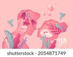 Pink silhouette couple. Romantic images, valentines day, date. Silhouettes of young people from flowers. Love, tenderness, cutie. Cartoon flat vector illustration isolated on bright background
