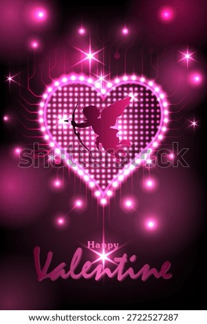 A pink silhouette of Cupid with a bow in front of a glowing digital circuit heart and sparkling lights on a dark background for a modern tech-themed Valentine celebration.