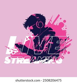 pink silhouette of gamer live streaming with gravity cyberpunk illustration concept.