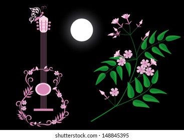 Pink silhouette of a guitar, blooming branch of jasmine and moon on a black background.