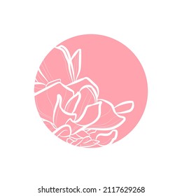 Pink silhouette of magnolia flowers in pink circle. Vector illustration.