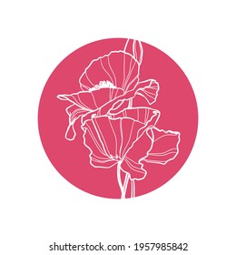 Pink Silhouette Of Poppy Flowers In Pink Circle. Vector Illustration.