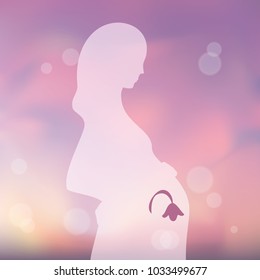 Pink silhouette of pregnant woman, pink blurred background. Pregnancy problem. Missed abortion. Illustration for web or typography magazine, brochure, flyer, poster .