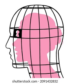 Pink silhouette profile of young woman trapped by abusive man represented as a black birdcage. Graphic illustration depicting oppressive relationship. 