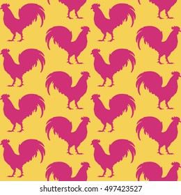Pink silhouette of rooster on yellow background seamless pattern. Vector illustration for New Year 2017 decoration.