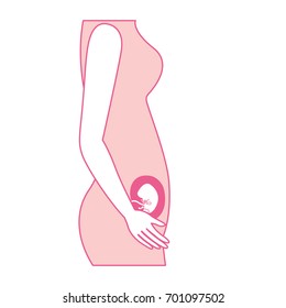 pink silhouette of side view pregnancy process in female body embryo growth