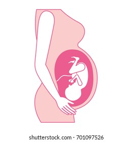 pink silhouette of side view pregnancy process in female body fetus human growth ninth month vector illustration