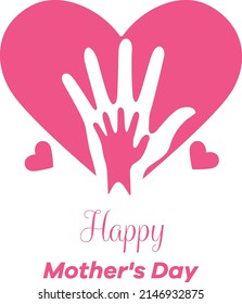 Pink silhouette of stacking hand mom and child with love. happy mother's day. Colored flat graphic vector illustration.