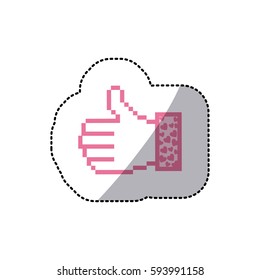 pink silhouette sticker of pixel thumb up and sleeve with hearts vector illustration
