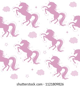 Pink silhouette of unicorns seamless pattern on a white background