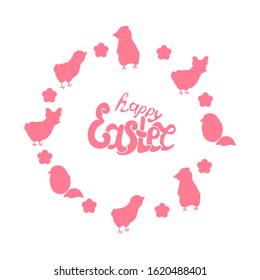 Pink silhouettes of chickens with flowers on a white isolated background. Poultry symbol of the holiday Easter. Design for greeting cards, stickers.