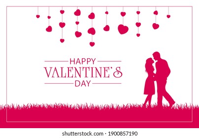 Pink silhouettes of happy couple and hearts. Lettering Happy Valentine's Day. Valentines illustration with man and woman can be used for holiday design, posters, cards, websites, banners.