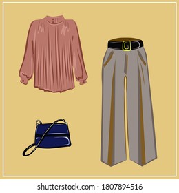 Pink Silk Blouse, Beige Wide Leg Pants, Blue Handbag. Clothes And Bags. Fashion. The Basic Wardrobe Of A Minimalist. Autumn Clothes. Set. Isolated Vector Object.