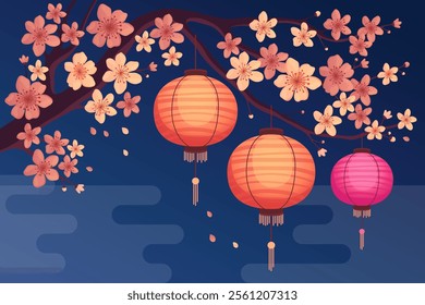 Pink silk or paper Asian lanterns hang on a branch with pink sakura flowers, blue night background. Chinese lanterns. Lunar New Year, Chinese New Year, Tet. Spring cherry, apricot or apple flowers.