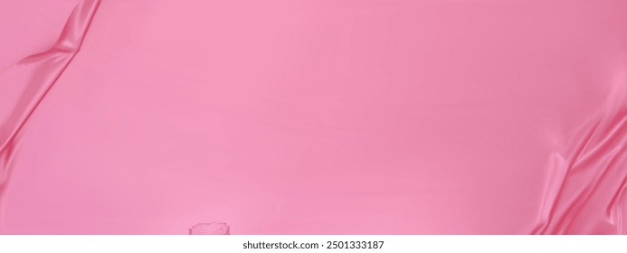 Pink silk satin luxury background. Light pale pink elegant background with space for design. Draped fabric Flat lay, Template, cover, header, Wide banner. panoramic view. 3D vector illustration.