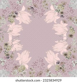 Pink silk scarf printed pattern design with watercolor floral botanical combine with geometric, in elegant style. Design for accessories Hijab, kerchief, bandana, fabric, fashion, shawl, and wallpaper