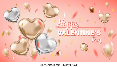 Pink and Silver Foil Heart Shape Balloons and Happy Valentines Day Lettering. Design for Valentine postcard, coral background