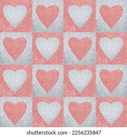 Pink and Silver Glitter Hearts Checker Pattern  Love Valentine's Day 