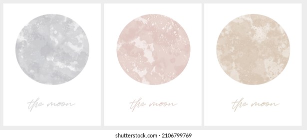 Pink, Silver and Gold Moon. Simple Vector Illustration with Watercolor Style Full Moon Isolated on a White Background. Cute Pastel Color Galaxy Print Ideal for Kids Room Decoration, Wall Art.