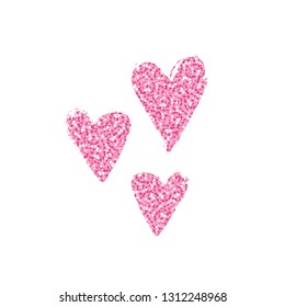 Pink and silver heart icon set. Three shining sweetie pink confetti hearts sketches. Heart design elements for wedding, valentine's day, romantic party, dating. Symbol of |ove.