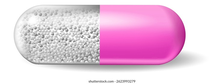 Pink and silver medicine capsule, filled with numerous small white spherical granules, rests on a white background, casting a soft shadow that highlights its detailed design