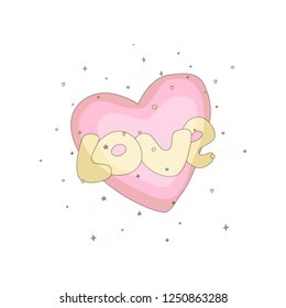 Pink simple heart icon with yellow text love. Fun cartoon romantic heart with decoration elements on background. Simple heart cartoon icon, symbol of love.