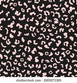 Pink, simple leopard seamless repeat pattern. Random placed, vector animal all over surface print on black background.