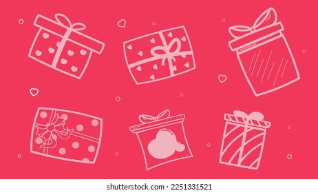 Pink simple miniman background wirh icon set pack of outline gift box, present with ribbon element seamless design for valentine, birthday, wedding decoration