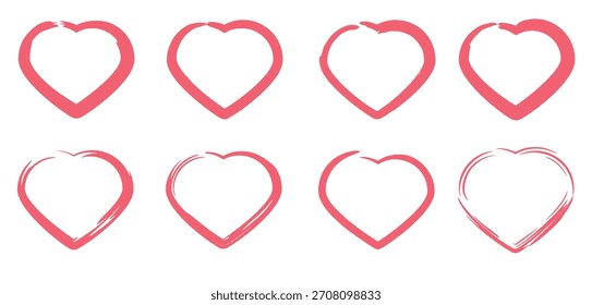 El contorno simple rosa corazones planos para iconos, pegatinas, carteles, ilustración, tarjetas, artes digitales. El grupo de Vector de corazones de contorno simple rosa