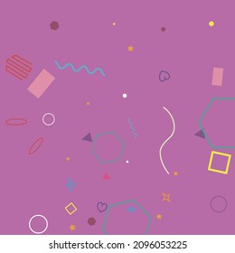 Pink Simple Polygonal Purple Rectangle Blue Green Hipster Background. Colorful Yellow Pastel Orange Ring Stars Red Geometry Illustration. Bright Circle Square Hearts Violet Oval Zigzag Illustration.