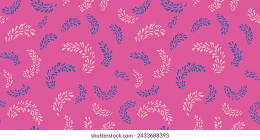 Pink simple seamless pattern with abstract branches in a tiny shapes drops, spots, dots. Minimalist geometric stems patterned. Vector hand drawing sketch. Collage for designs, printing