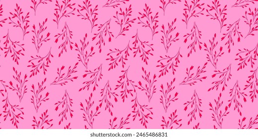 Pink simple seamless pattern with gently tiny branches and small leaves. Abstract little floral stems printing. Vector hand drawing. Ornament bi-color for designs, fabric, textiles, cover