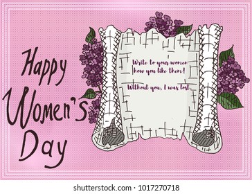 pink sketch postcard with lilac declaration of love vector illustration