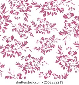 pink sketch, print of a branch of flowers with leaves in line art style drawn with different lines, for textile, packaging or posters