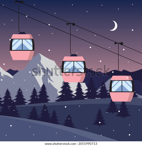 Pink ski\
cabin lift for mountain skiers and snowboarders moves in the air on\
a cableway on the background of winter snow capped mountains. Night\
landscape. Vector\
illustration