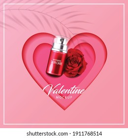 Pink skin care, cosmetic with rose, and heart papercut background vector illustration