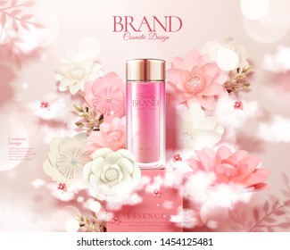 Pink skincare bottle ads with white and pink paper flowers in 3d illustration