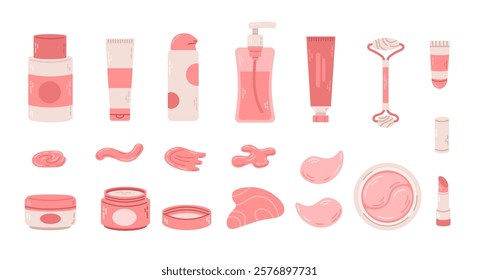 Pink Skincare element collection. Set of pink cosmetic products on a white background. Vector illustration.