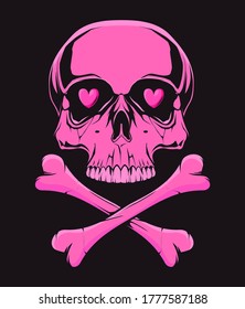 Pink skull with bones. Illustration for t-shirt print. Vector fashion illustration 