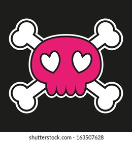 Pink skull with crossbones on black background with heart shaped eyes. Vector illustration.