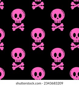 Pink skull with crossed bones seamless pattern. Y2k emo aesthetic semless background. Repeat vector illustration on black for Halloween, pirate theme