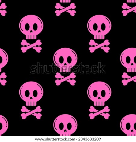 Pink skull with crossed bones seamless pattern. Y2k emo aesthetic semless background. Repeat vector illustration on black for Halloween, pirate theme